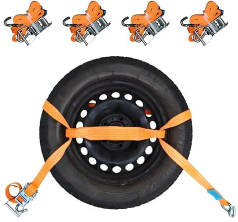 Zurrgurt-Set zum Fahrzeugtransport | 3-teilig | Gesamtlänge: 2.900mm, Gurtbandbreite: 35mm | Radsicherung/Radsicherungsgurt/Reifengurt | Abschleppsicherung für Abschleppwagen | 4 STK.