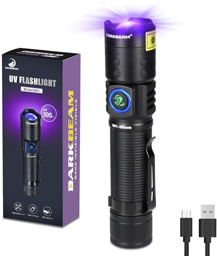 DARKBEAM Torcia UV a luce nera LED 395 NM, torcia a ultravioletti, lampada a legna, ricaricabile USB-C, focalizzabile, resistente all'acqua per rilevare scorpioni e luce in resina UV