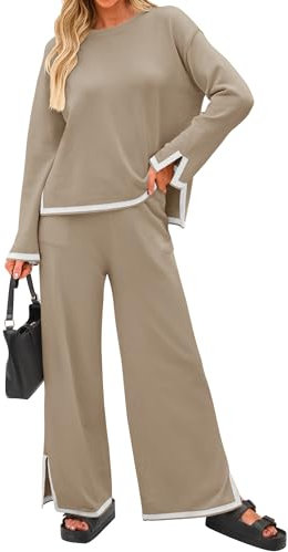 ZESICA 2-teiliges Damen-Outfit-Set 2025, lässig, langärmelig, Strickpullover, Oberteil und Hose mit weitem Bein, Sweatsuit, Lounge-Sets, Hellbraun, M