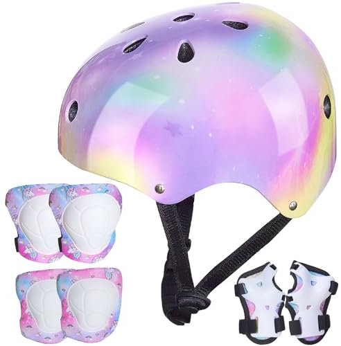 Unicorn Castle Kinder Helm Knie Ellenbogen Handgelenk Pads Verstellbare Knieschoner Ellenbogenschoner Handgelenkschoner Skateboard Helme für Radfahren Skating Mädchen, 3-8 Jahre