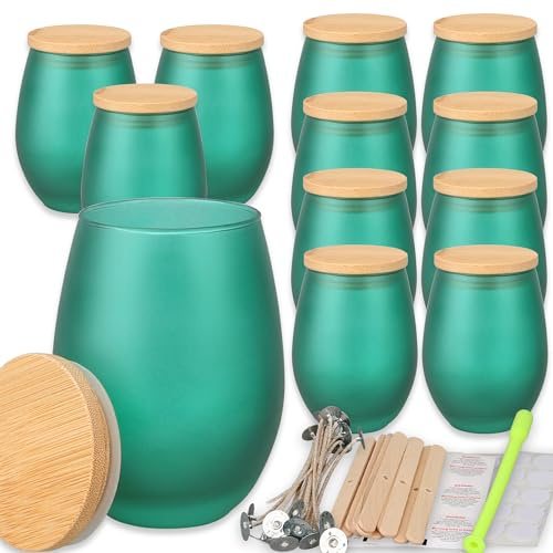 MILIVIXAY 12 Pack 14oz Matte Green Glass Candle Jars with Bamboo Lids - Oval Design, Candle Making Kit