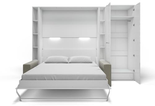 MAXIMAHOUSE Schrankbett vertikal mit Sofa, 2 Regalen und Kleiderschrank, Invento LED 160V mit Lattenrost aus Holz, Wandklappbett 160x200 modern Design (Weiß/Weiß matt + beiges Sofa)