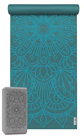 Yogistar Yoga-Set Starter Edition - Lotus Mandala (Yogamatte + 1 Yogablock) 183 x 61 x 0.4 cm, Marine blau