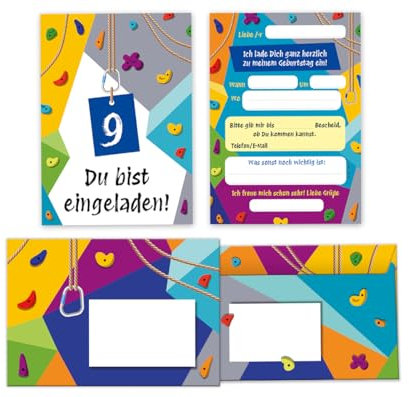 Minkocards 8 Einladungskarten incl. 8 Umschläge zum 9. Kindergeburtstag Klettern Bouldern Mädchen Jungen Einladungen neunte Geburtstag