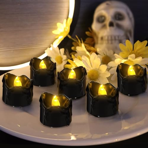 6 Stück LED Teelichter Schwarz, Led Kerzen Flackernde Flamme, Tropfendem Wachs Licht Elektrisch Flammenlose für Weihnachten Halloween Party Dekoration A15-2