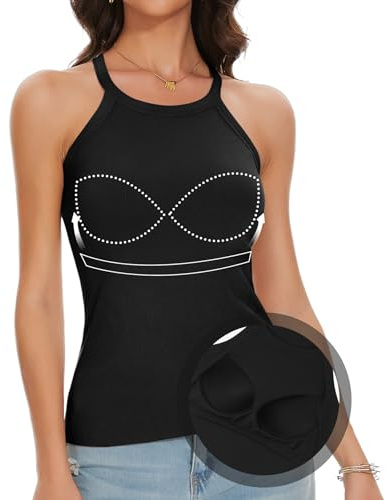 ANYFITTING Camiseta Sin Mangas con Sujetador Integrado, Top con Cuello Halter Color Sólido, Camiseta Cuello Redondo para Mujer, Top Hombros Descubiertos Cómodo Casual Acanalado Negro XL