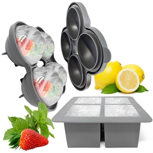 com-four® Molde para Cubitos de Hielo 2X XL - Molde para Cubitos de Hielo Redondo y Cuadrado Hecho de Silicona para 4 Bolas de Hielo Grandes y 4 Cubitos de Hielo Grandes (2 Piezas - Bola/Cubo XL)