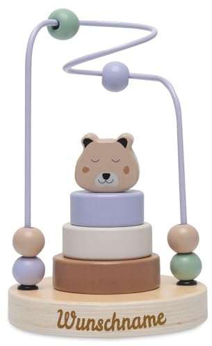 Elefantasie Motorikschleife aus Holz PERSONALISIERT inkl. Steckspiel mit Namen graviert Geschenk zur Geburt Bär