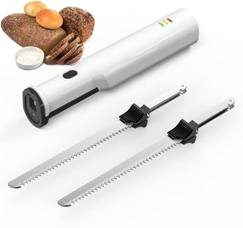Cuchillo eléctrico inalámbrico para tallar carne con 2 cuchillas dentadas de acero inoxidable de 8 pulgadas y liberación de gatillo de bloqueo de seguridad, cuchillo para tallar eléctrico, cuchillo