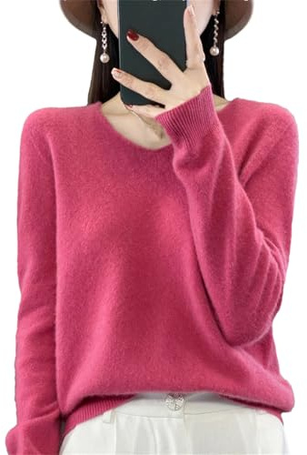Womens 100% Merino Wool V Neck Sweater Long Sleeve Basic Jumper Lightweight Knitwear Tops