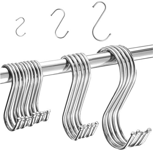 PXBSNB 20 Pezzi Ganci a S Cucina in Acciaio Inox, 3 Diverse Ganci Attaccapanni Forma di S, Multifunzionale Ganci in Metallo, S ganci in Acciaio Inox per Cucina, Bagno, Camera da Letto, Ufficio