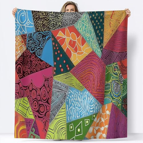 Coperta Pile Patchwork Geometrico 220 x 240 cm Coperta Flanella Singolo Matrimoniale Morbida Caldo, Coperta Plaid Pile Sherpa, per Letto, Divano, Coperta Invernale