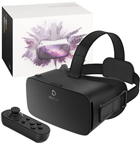 DESTEK V5 VR Casque pour Téléphone avec Manette, 110°FOV HD Anti-Lumière Bleue Lunettes de Réalité, Lunettes de réalité virtuelle VR pour iPhone 16/15/14/13/12/11, Samsung, Android - Noir