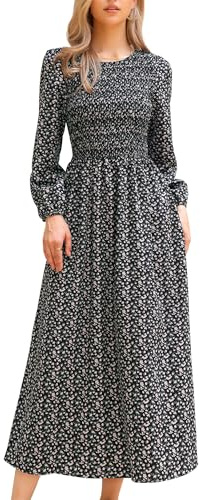 Allegra K Lång blommig volangklänning för kvinnor, lång bohemisk A-linjeformad klänning med puffiga ärmar, Svart, L