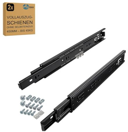 SOTOOLS 1 Paar Teleskopschienen – Tragkraft 45 kg – Teleskopschienen Möbelauszug 450 mm schwarz für Werkbank – kugelgelagert – Vollauszug – Möbelbau, Werkstatt, Küche