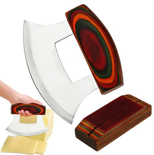Alaska Pizza Cutter- Blade, Cuchillo De Estilo Rockero | Ulu Cuchilla Con Soporte, Cuchillo De Mango De Madera, Cortador Tradicional De Ulu, Cortadora De Balancín Forjada, Helicóptero Culinar