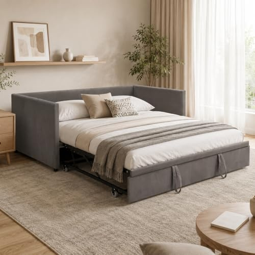 Schlafsofa, Schlafcouch 90/180x200 cm, Tagesbett Ausziehbar Mit Gästebett, Ausziehbett Gleiche Höhe, Klappsofa Mit Schlaffunktion, Schlafsofa Polsterbett Ausziehbar Für 2 Personen, Samt, Ohne Matratze