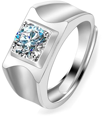 Mesnt Ring Weißgold 375, 9 Karat Weißgold Ring für Herren Männer Siegelring mit im Labor hergestelltem Diamanten, Größe 60 (19.1)