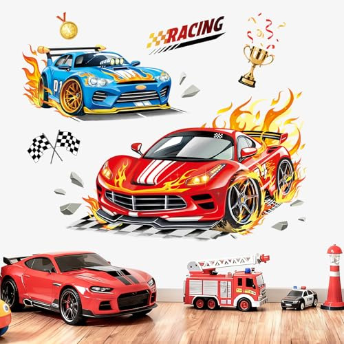 decalmile 3D racerbil väggdekaler röd blå sport bil troféer flaggor väggklistermärken pojkrum barn sovrum lekrum heminredning