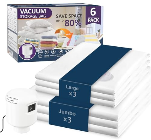 LKV Vacuum Storage Bags with Electric Pump for travel, Space Saver Bags | 6 Pack Reusable Vacuum Seal Bags, Vacuum Pack Bags for Clothes Duvets and Bedding, Compression Bags, 3 Large and 3 Jumbo