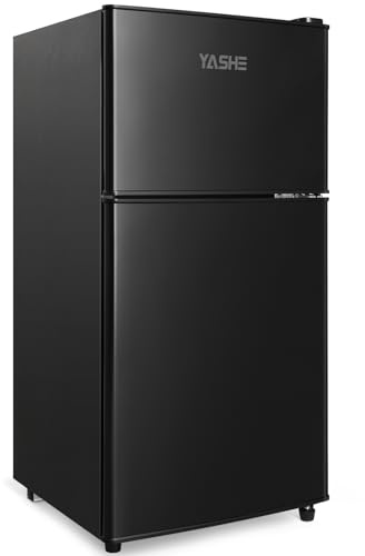 YASHE Mini Refrigerador de 86L con Congelador, Frigorífico de Doble Puerta con Termostato Ajustable de 7 Niveles, Ideal para Apartamentos, Dormitorios, Oficinas y Más, Color Negro