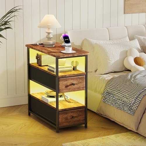 LieABak Comodino stretto con 2 cassetti, tavolino con LED e USB, tavolino con presa elettrica, comodino per piccoli spazi, soggiorno, camera da letto (strisce di tigra)