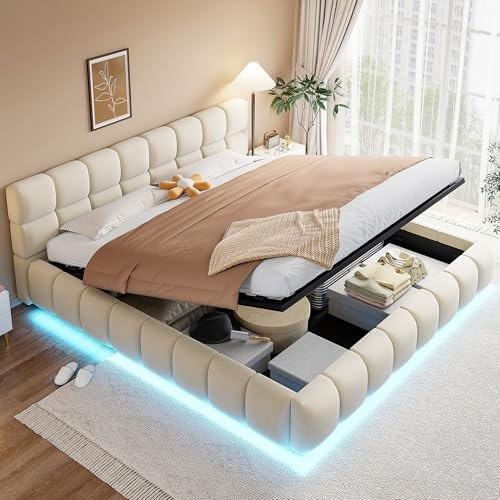 ECLIVON Doppelbett Polsterbett 180x200 mit LED Lichtleiste, Bodenbett | Für Schlafzimmer, Mit Hydraulisch Stauraum, Flachbett, Jugendbett Bettgestell mit Lattenrost, Samt, Beige, Ohne Matratze