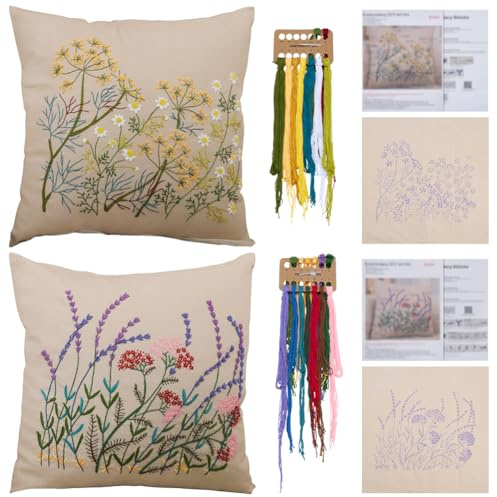 WEBEEDY 2 Set Stickkissen Set für Erwachsene Anfänger, 42x42cm | Komplett Kissenbezug Bastelsets,Handstickerei-DIY-Set, Vorbedruckte florale Kissenbezüge, Stickgarne Nadeln & Anleitung