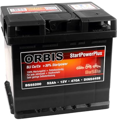 ORBIS StartPowerPlus 12 V 52 Ah Autobatterie – wartungsfreie Starterbatterie mit 470 A Kaltstartreserve, gefüllt & geladen, robuste Ca/Ca Technologie für zuverlässige Starts | BaSBa 4929