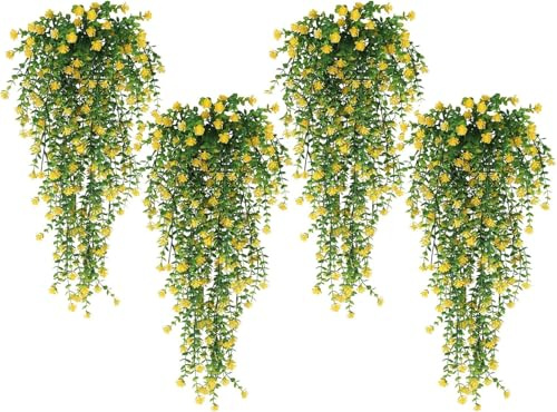 Regallop Faux Hanging Flower 4 Pack Hanging Vines Plants Indoor Realistic Artificial Fake Small Hang Plant Leaves Faux Outdoor Plants Plastic Flowers Stem Decor for Wall Room Party (yellow)