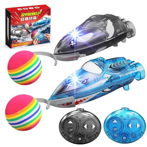 Cirmine Mini RC Boot 2er Set mit bunten Blinklichtern, ferngesteuertes Boot mit Schwammball-Spiel, 360° Drehung & 2 Geschwindigkeiten, mit aufblasbarem Pool, für Badewanne & Pool, Geschenk für Kinder