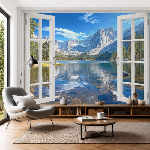 Mural de Pared Panorámico Lagos Alpinos, 200x140cm Papel Pintado de Fotografía Vista Desde Ventana Del Paisaje Natural Papel Tapiz Fotomural 3D Decoración para Salón Dormitorio Tv Pared, Azul Marino