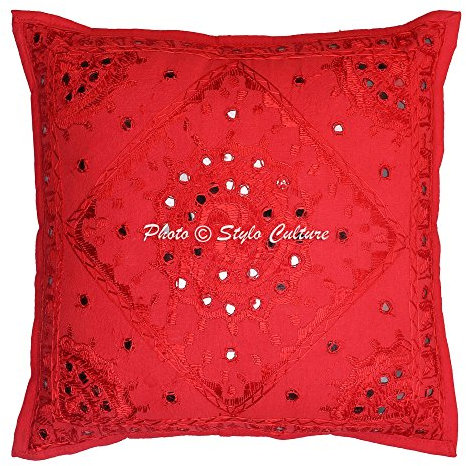 Stylo Culture Ethnicas Fundas Cojines Decorativa 40x40 cm Algodón Espejado Funda Almohadon Sofa Rojo 16x16 Inch Bordado Cuadrado sobre Funda Cojin Cama - 1 Pc