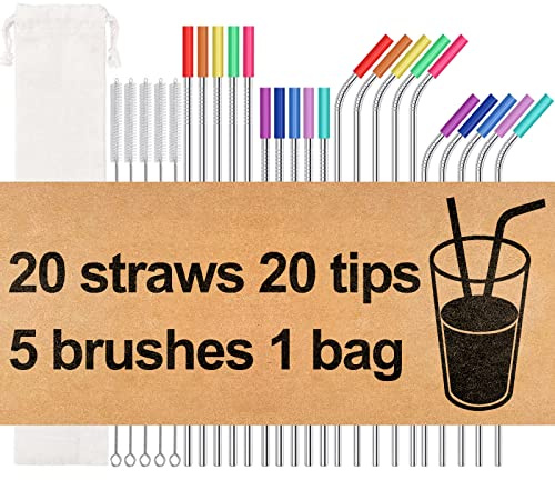 20 Pack Reusable Stainless Steel Metal Straws,10.5 & 8.5 Reusable Drinking Straws with 20 Silicone Tips 5 Straw Brushes 1 Travel Case,Eco Friendly Extra Long Metal Straw Fit for 20 24 30 oz Tumbler