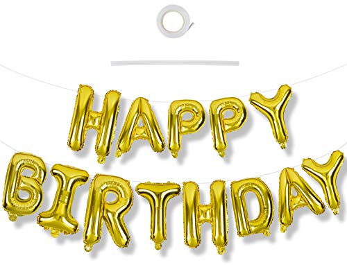 TONIFUL 3D Gold Happy Birthday Balloons Banner with Ribbon Straw, 16 Inch Mylar Foil Letters Birthday Sign Banner Balloon Bunting Reusable for Girls Boys Kids & Adults Halloween Supplies