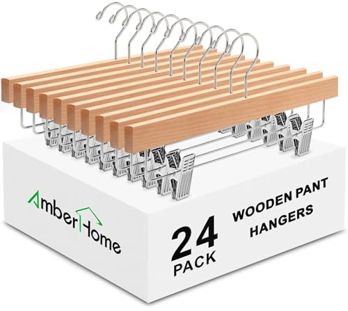 Amber Home 24 Pack Wooden Pants Hangers with Clips, 14 Natural Wood Skirt & Trouser Hangers, Closet Hangers for Jeans, Slacks, Shorts, with 2-Adjustable Clips (Natural, 24)