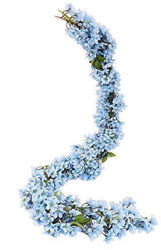 JUSTOYOU 2 x 5.7 ft Artificial Sakura Cherry Blossom Hanging Flowers Vine Fake Sakura Garland Home Garden Wedding Party Decoration (Blue)