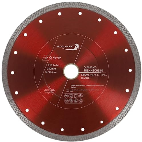 PRODIAMANT Diamanttrennscheibe F35 Turbo Premium 250 mm – Fliesen & Feinsteinzeug – extra dünn 2,0 mm – verstärkter Flansch – Ø30/25,4 mm – saubere, ausrissfreie Schnitte für Tischsägen