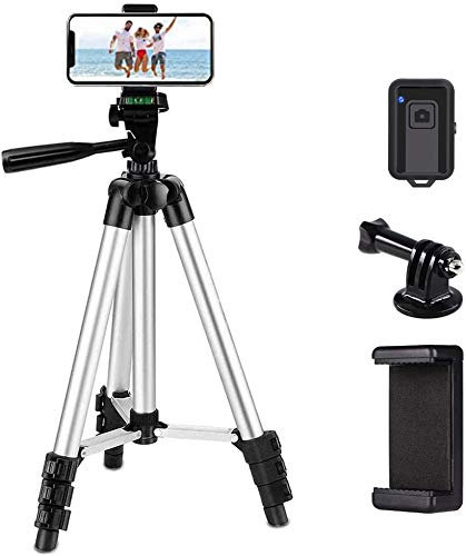 Phone Tripod,LINKCOOL 42 Aluminum Lightweight Portable Camera Tripod for iPhone/Samsung/Smartphone/Action Camera/DSLR Camera with Phone Holder & Wireless Bluetooth Control Remote (Silver)