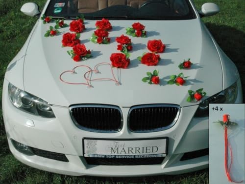 Traumschmuck Auto Schmuck Braut Paar Rose Deko Dekoration Autoschmuck Hochzeit Car Auto Wedding Deko Ratan Girlande PKW (Rot)