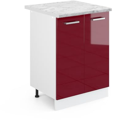 Vicco Küchenunterschrank R-Line, Rot Hochglanz, 60 cm | 2 Türen · AP Marmor inkl. · Höhenverstellbare Füße · 1 Einlegeboden · ✓ Frei kombinierbar