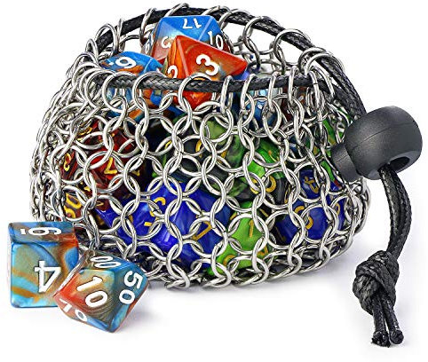 YOUSHARES Drawstring D & D Würfeltasche - Kettenhemd-Würfeltasche aus Edelstahl mit Großer Kapazität für Dungeons and Dragons Würfelset (3 Sätze halten)