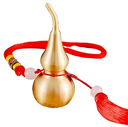 Feng Shui Brass Wu Lou Golden Gourd with Red Luck Strip Treasure Pendant for Bedroom,Car Hanging Ornaments,Fortune Protection,Hu Lu Bring Good Luck Safty Success,2.75inch Tall,Full Brass
