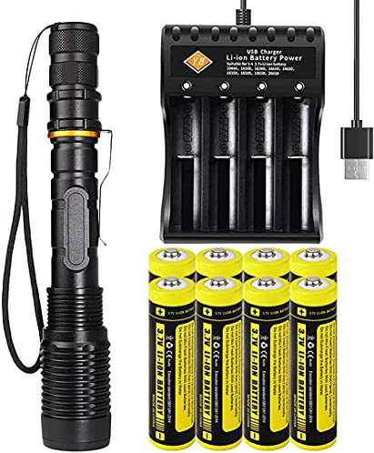 Helle Taschenlampe 5 Modi mit 8 Pack 18650-Batterien und 1 Pack 4 Steckplätzen USB Ladegerät, 2000 Lumen, Wasserdicht Zoomable Taschenlampe Wiederaufladbar für Camping Radfahren Hundespaziergänge