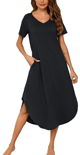 Nieery Night Shirts Womens, Cotton Nightdress Short Sleeve V neck Long Nightgowns Sleep T Shirt Summer Dress (Black, X-Large)