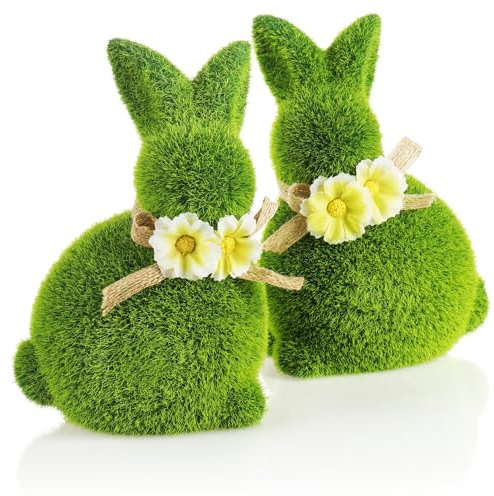 com-four® 2X Dekofigur - Osterhase mit Schleife und Blumen - grüne Hasenfigur aus Keramik - Dekofiguren für Frühling und Ostern - Hasenpaar mit Kunst-Gras überzogen - Osterdeko (2 x Hase-17 cm)