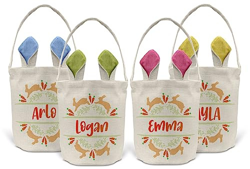 Print Maniacs Personalised Happy Easter Egg Hunt Basket Bucket Treat Sweets Chocolate Bunny Rabbit Treasure Party Gift Bag Kids (Blue Ears)