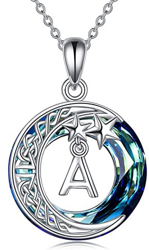 Mond Stern Kette Geschenke für Damen 925 Sterling Silber Sichel Mond Initial Buchstabe A Anhänger Halskette Kreis Blau Kristall Schmuck Weihnachten Geburtstag Geschenke für Ihre Mutter Damen