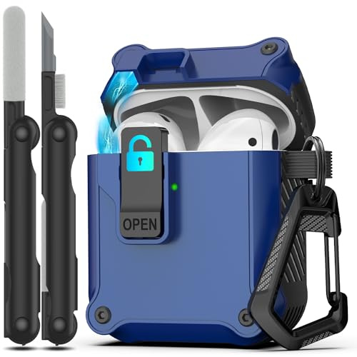 RFUNGUANGO Compatibile con Cover Custodia Airpods protettive Pop-up automatico con clip di blocco di sicurezza, Custodia rigida antiurto per tutto il corpo con portachiavi,Pino Blu