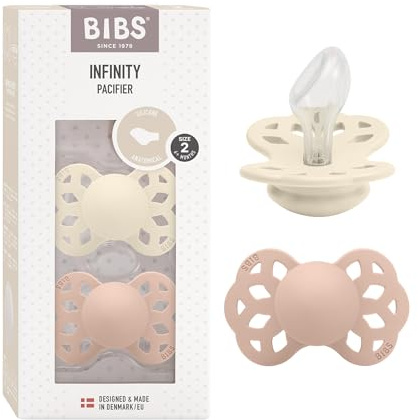 BIBS Infinity Schnuller, 6-18 Monate, 2er-Pack, Ivory/Blush | Anatomischer Sauger | Silikon | Größe 2 | BPA-frei | Hergestellt in Dänemark | Hohe Akzeptanz | Luftlöcher | Komfortschild